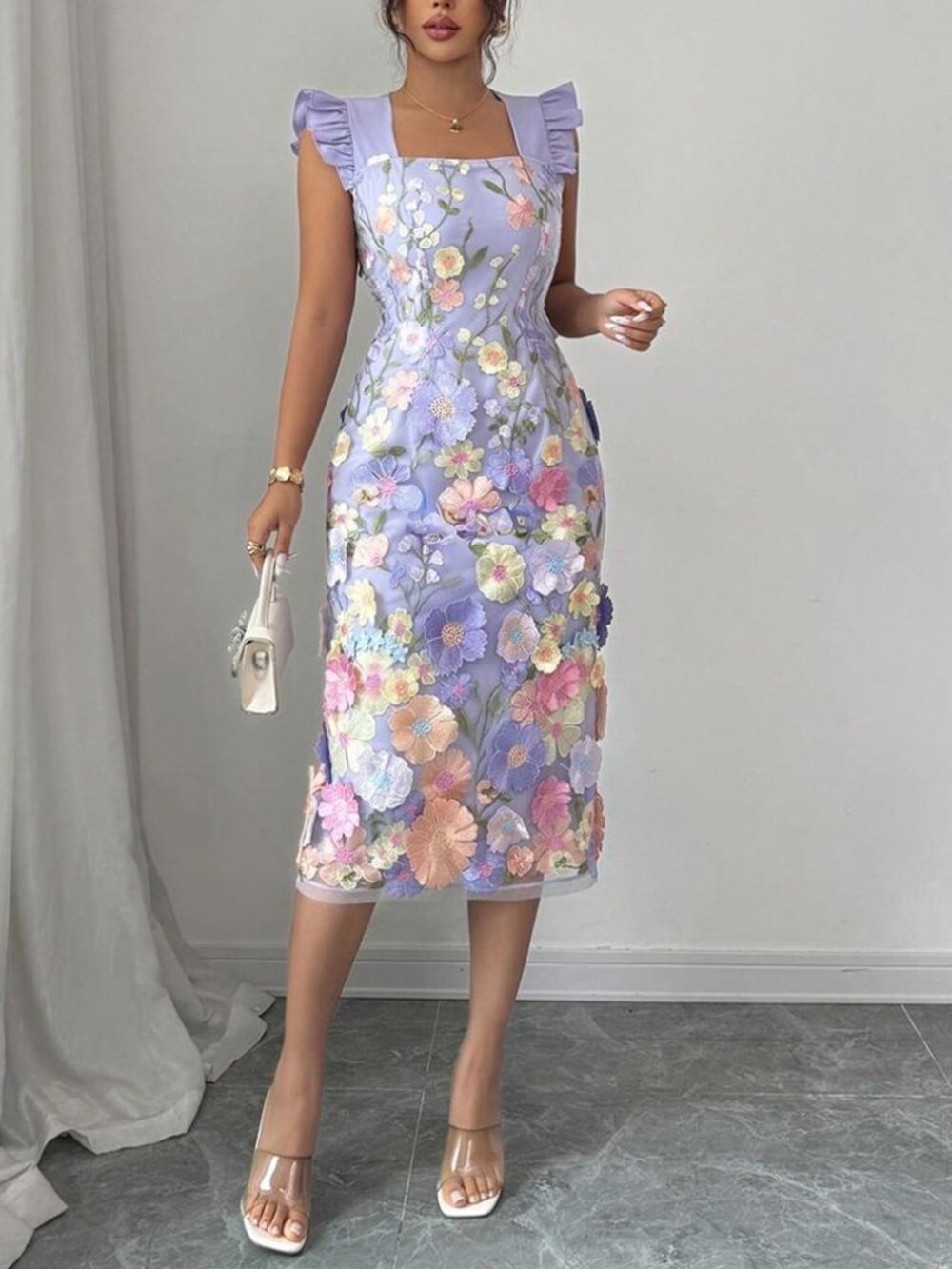 NEW - Elegant Lavender Floral Embroidered Midi Dress Fairycore Party Look